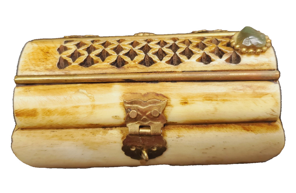Vintage Camel Bone Jewelry Trinket Box - Brass Inlay Work Handmade Collectible